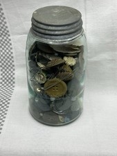 VTG 3-L Aqua Blue Glass Ball Mason Jar W/ Zink Lid Full of Vtg Misc Buttons picture