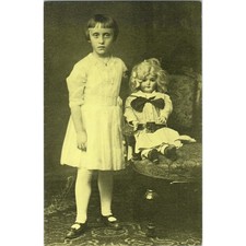Vintage Girl With Large Bisque Baby Doll Green Tint Original Postcard PB8 picture