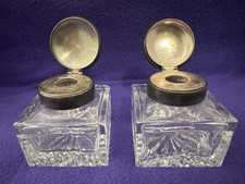 Antique Royal Brierley 2 Lead Crystal Square Ink Wells Silver Tone Top England picture