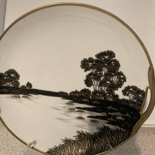 NIPPON Scenic Landscape Plate Black White with Gold Accented HANDLES 10 in VNT picture