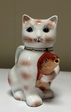 Vintage Lucky Cat Holding Koi  Maneki-neko Hand Painted Porcelain Teapot/Creamer picture