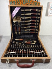 Siam/Thailand Flatware Vintage 29 Pieces Bronze/Brass Ebony Handles in Case picture