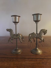 Vintage Solid Brass Carousel Horses  2 Candle Stick Holders 5