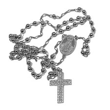 Real 925 Silver Rosary Necklace Baguette CZ Cross La Virgen Rosario De Plata 24
