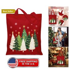 Christmas Canvas Tote Bag Xmas Tree Snowflake Grocery Shopping Bag Red Reusab... picture