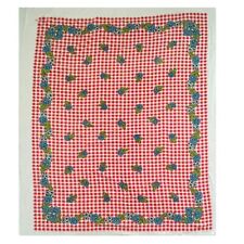 Vintage 1960s 70s Extra Large Beach Towel Red Gingham Blue Flower ￼Daisy Roses picture