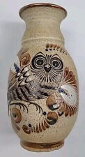 Tonala Mexican Pottery Large Vase with OWL Design Vintage 8in H Signed BEAUTIFUL picture