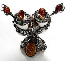 925 Solid Sterling Silver Real Cognac Baltic Amber Victorian Beautiful Box picture