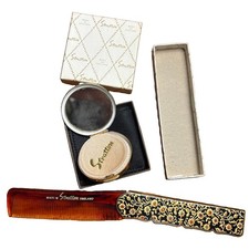 VTG 60s Stratton Compact Folding Comb Set Chinoiserie Black Floral Enamel Box picture
