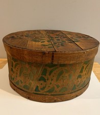 Antique Large Round BentWood Cheese Box Stencil Design Old Country Primitive Art picture