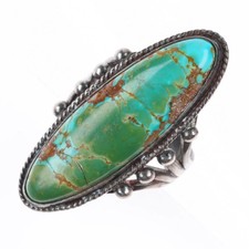 sz7 c1930 Navajo Royston Turquoise sterling silver long rope bezel ring picture