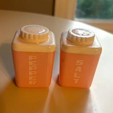 Vintage Steri-lite No. 420 Pink & White Plastic Salt & Pepper Shakers w/ Label picture