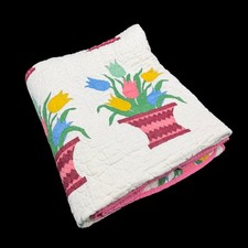 Vintage Handmade Blanket Tulip Basket Floral Quilted Pink Blue Yellow 65 by 75 picture