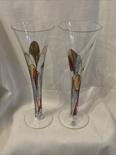 Champagne Flute Romanian Mosaic Stained Glass Hand Blown Crystal Set Of 2 picture