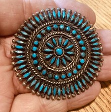 Old Pawn Native Zuni Petit Point Sterling Silver Royston Turquoise Brooch 2 1/4” picture