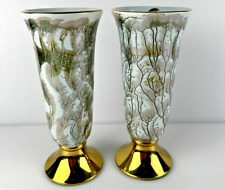 2 VTG Delft Holland Hollywood Regency Blue & Gold Marbled Ceramic Brass Vase picture