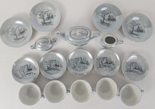 Vintage 19PC Mini Tea Set Lusterware Japan Winter Scene Blue Grey Childs Set picture