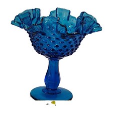 VINTAGE FENTON ROYAL BLUE HOPNAIL Glass Compote, Royal Blue Hobnail- Gorgeous picture