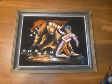 Vintage Velvet Spanish Matador Bull Fighter Framed Oil Painting Signed AL 20x16 picture