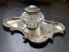 STERLING SILVER Monogrammed Antique Cut-Glass Inkwell Rococo C. 1900 picture