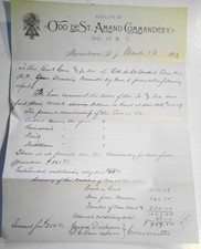 1896 Handwritten Masonic Standing Committee Report Odo de St Amand  No 12  K.T. picture
