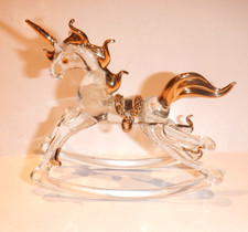 Miniature Rocking Unicorn Figurine Hand Blown Glass w/Gold Accents picture