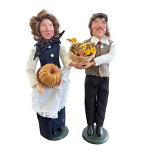 Old Time Pottery Figurine Set: Harvest Man Woman Holding Pumpkin Basket vintage picture