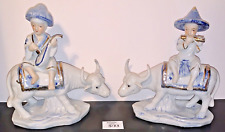 PAIR Blue and White PORCELAIN Asian Musician BOYs Riding Buffalo FIGURINES picture
