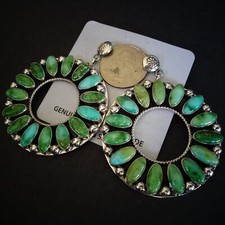 Ella Linkin NAVAJO Sterling Silver BIG GREEN ROUND Cluster TURQUOISE EARRINGS picture