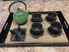 Signed OIGEN NAMBU TEKKI Green Cast Iron Tea Set Pot-Cups-Leaf Saucers-Tray 12pc picture