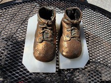 Vintage Copper Bronze Clad Baby Shoes Bookends on Solid Marble Base Nursery Deco picture