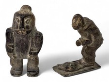 Lot 2 Canadian Inuit Carved Soapstone Figures Hunter Warrior Signed Carvings picture