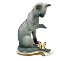 Vtg Siamese Cat Kitty Kitten with Butterfly Porcelain Figurine Blue Eyes Japan picture