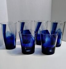 Libbey Cobalt Blue Swirl Lot Of 6 Glasses 4-16oz; 2 -12oz; Hand Blown Glass Art picture