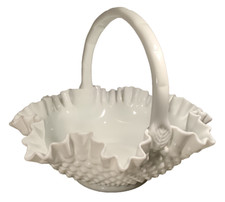 Fenton Ruffled Hobnail Milk Glass Handled Basket Bowl ~ Vintage ~ 11.5 x 10