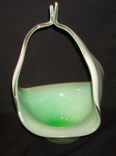 Vintage Italian Art Glass Murano Green White Cased Glass Free Form TaLL Basket picture