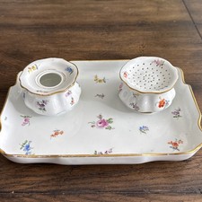 Antique Meissen Porcelain Flowers Inkwell Desk Tray & Pounce 19th century picture
