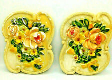 Vintage 3D Bouquet Chalkware Set Wall Art Roses Daisies Pink Yellow Green Blue picture