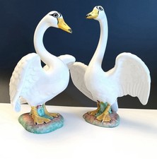 Vintage Italian Porcelain Swan Figurines Pair Hand Painted Made in Italy picture