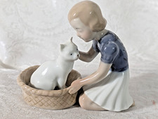 BING & GRONDAHL B & G #2249 Girl White Kitten in Basket Denmark 1970's picture