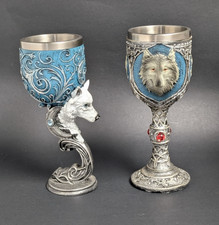 Medieval Celtic Chalice Goblet Set Majestic White Gray Wolf 7.5