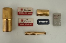 Vintage Miss Evans Miniature Gold Toned Little Shaver Safety Razor Case & Blades picture
