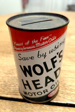 VINTAGE WOLF'S HEAD MOTOR OIL TIN METAL BANK RAZOR BLADE OIL CITY PA ADVERTISING picture