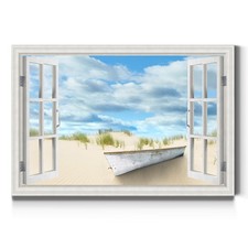 Renditions Gallery Canvas Wall Art Window View of Old Boat Docked at Beach picture