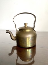 Antique Solid Brass Tea Kettle Tin Lined Vintage Water Pot Swing Handle 7” Tall picture