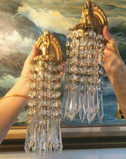 2 Vintage Sconces Brass fountain waterfall Crystal prisms wall accent lamps picture
