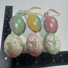 6pcs Vintage Eastern Egg Ornaments 3pcs Paper Mache & 3pcs Plastic Glitter picture