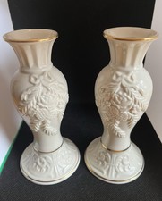 Lenox Winter Bouquet Candlesticks Ivory 24k Gold Christmas Taper Set Pair 1994 picture