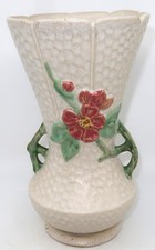 WELLER Art Pottery DELSA , Floral, Pink, Green Two Handle Textured Vase, 9 1/2