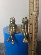 Pair Vintage Solid Brass Frogs Sitting Shelf Sitter  picture